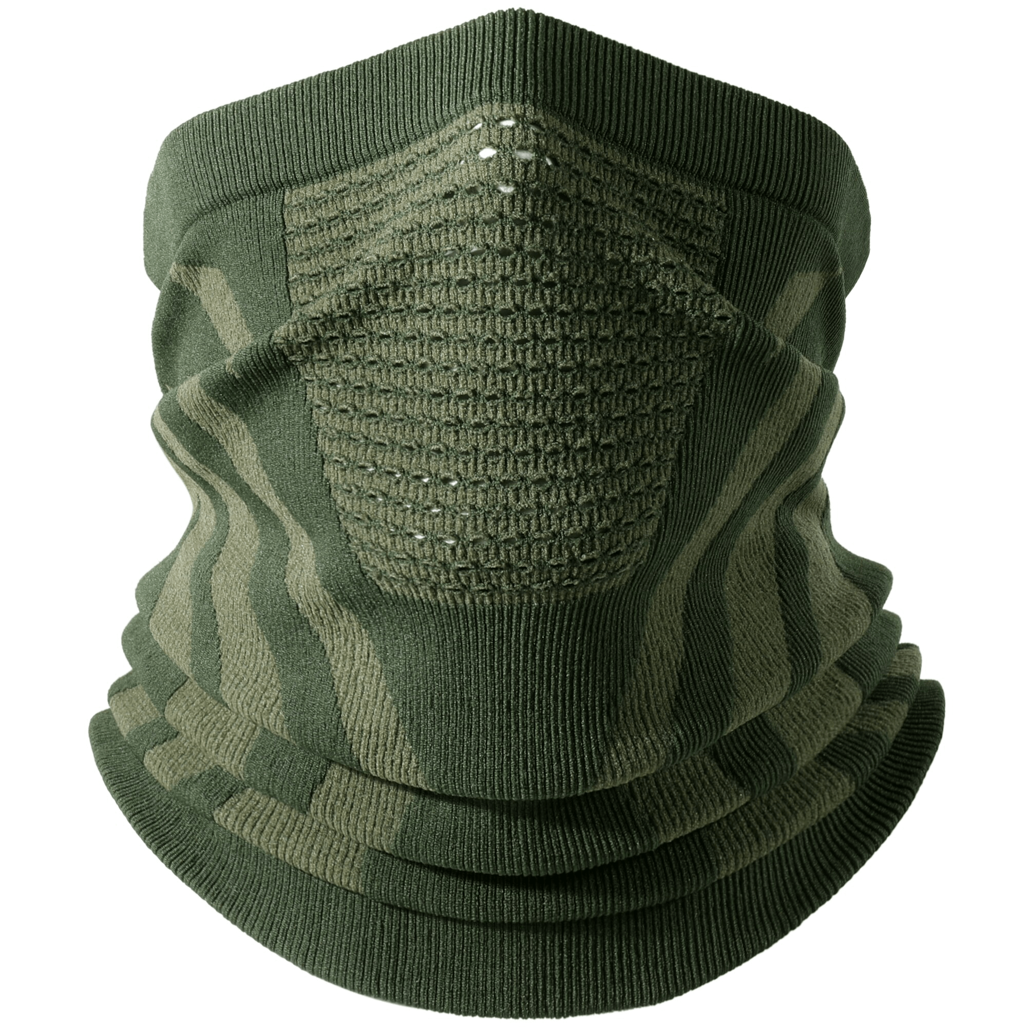 Windproof warmer snowboard neck gaiter in green for women and men, lightweight polyester with UV protection and thermal insulation.